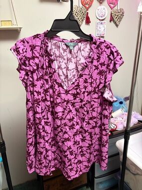 Terra & Sky Pink Floral V-Neck Ruffle Sleeve Blouse